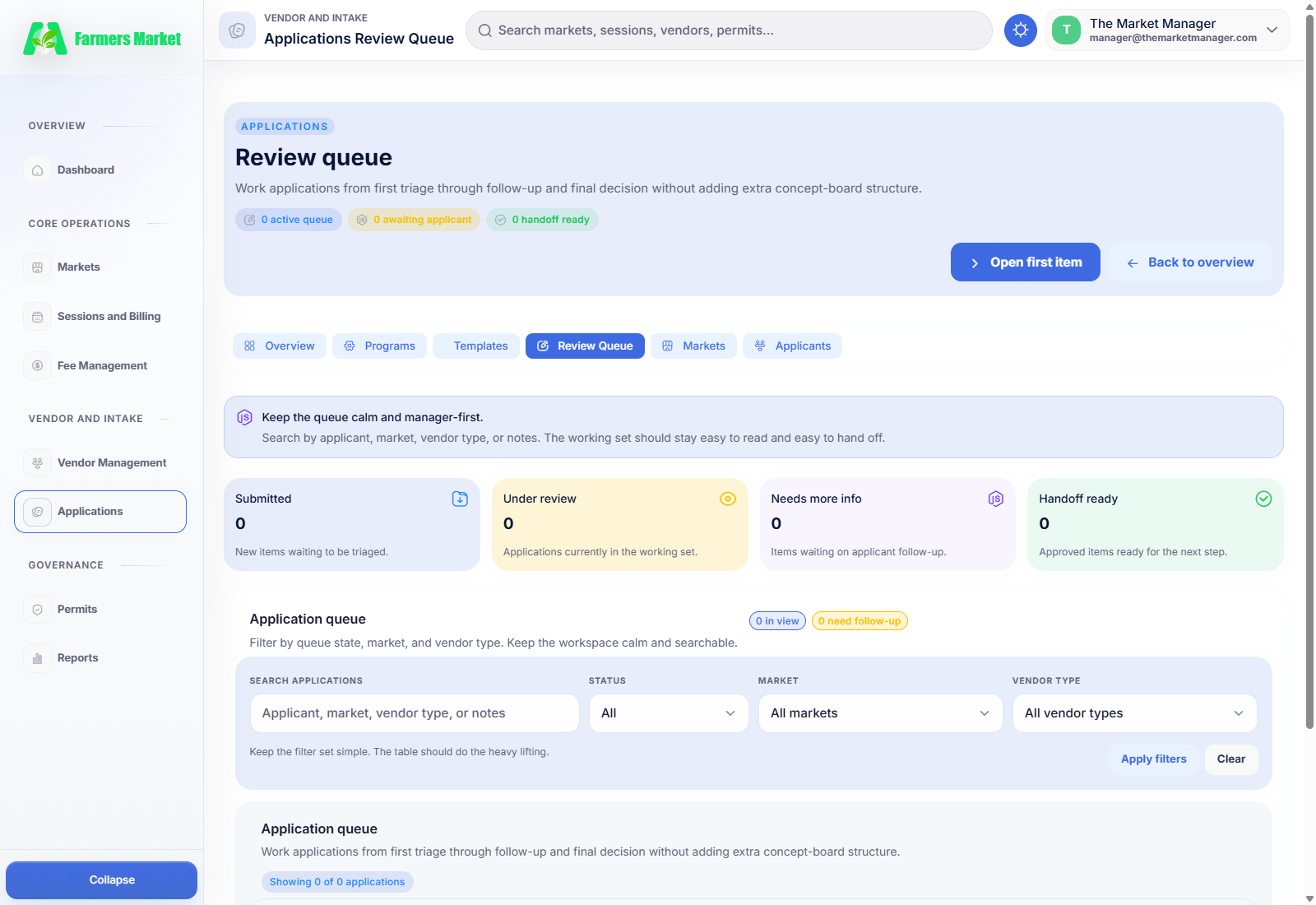 The Market Manager applications review queue for vendor applications and approvals