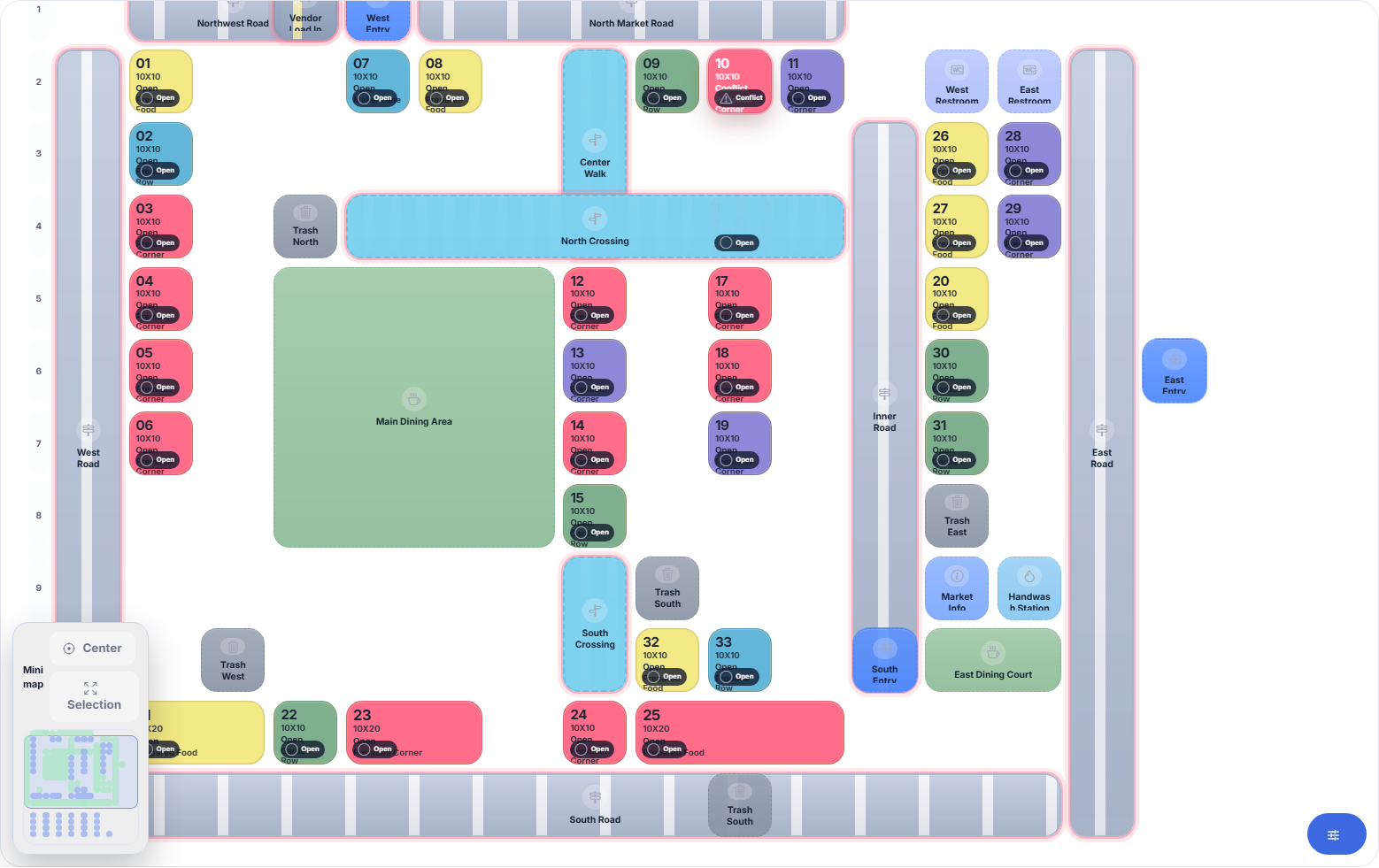 The Market Manager booth map for managing booth assignments, vendor placement, and market layout