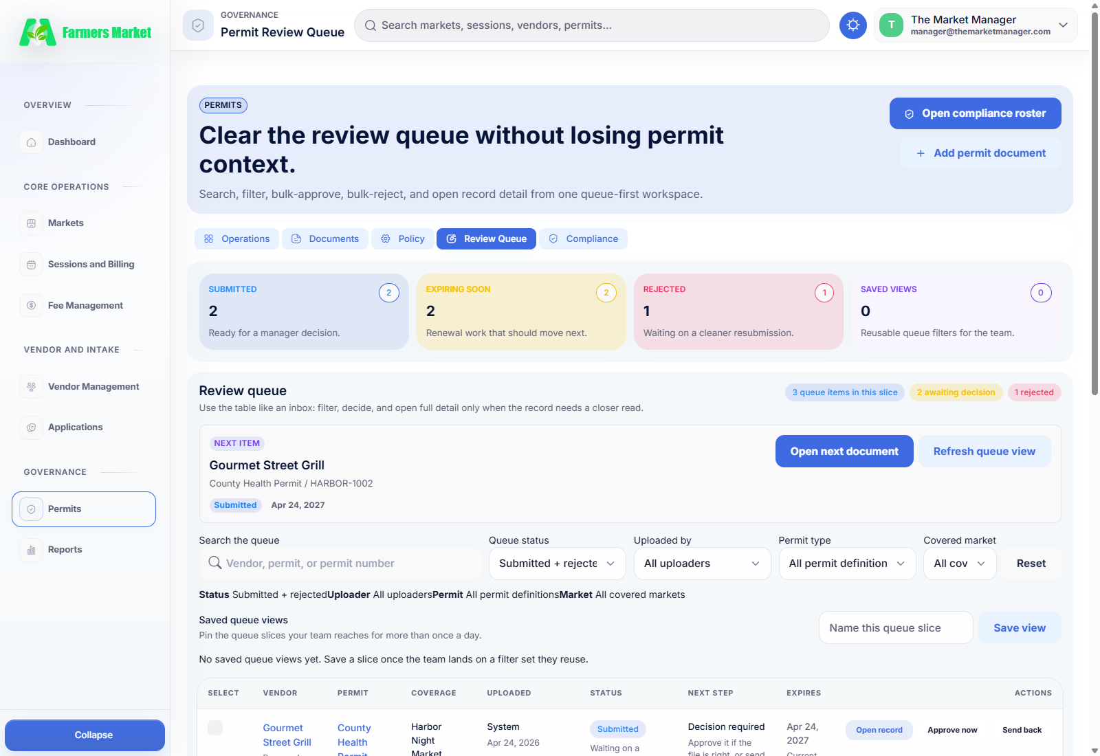 The Market Manager permit compliance workspace for vendor permit management