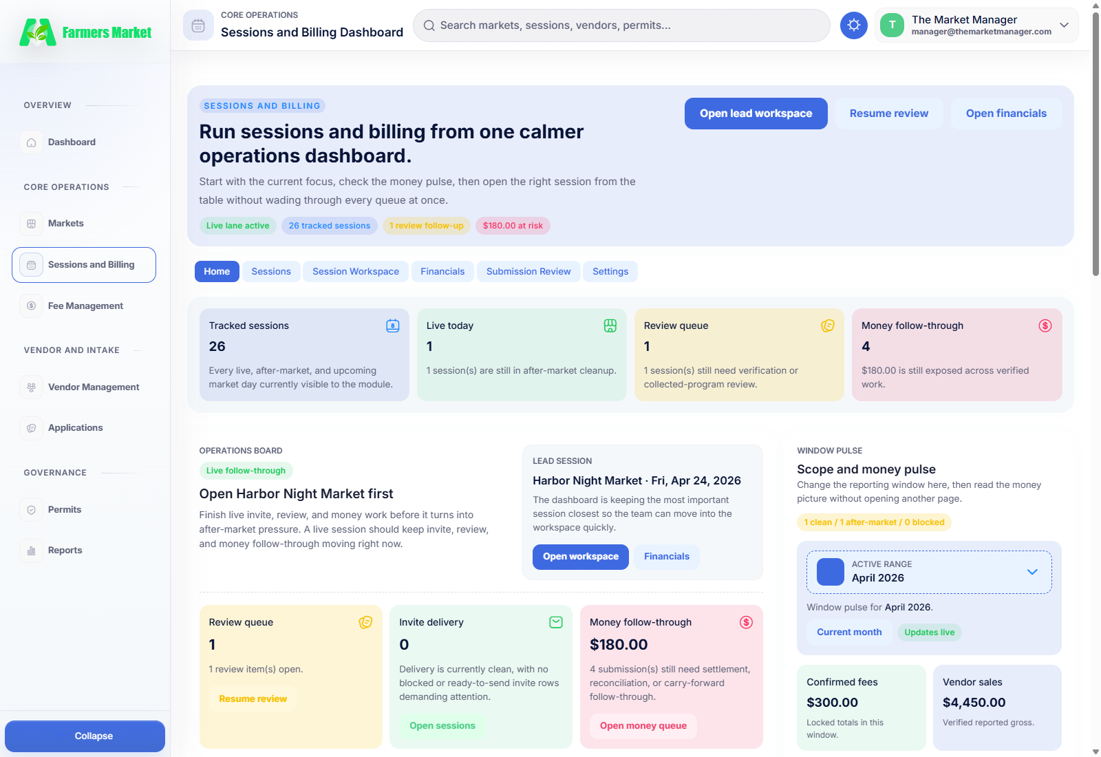 The Market Manager sessions and billing dashboard for vendor payments and closeout tracking