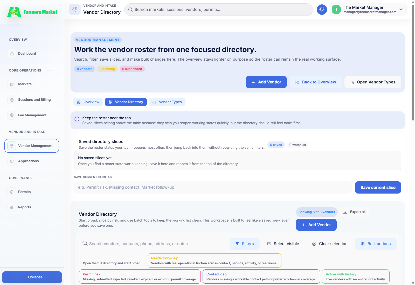 The Market Manager vendor directory for farmers market vendor management and roster follow-up